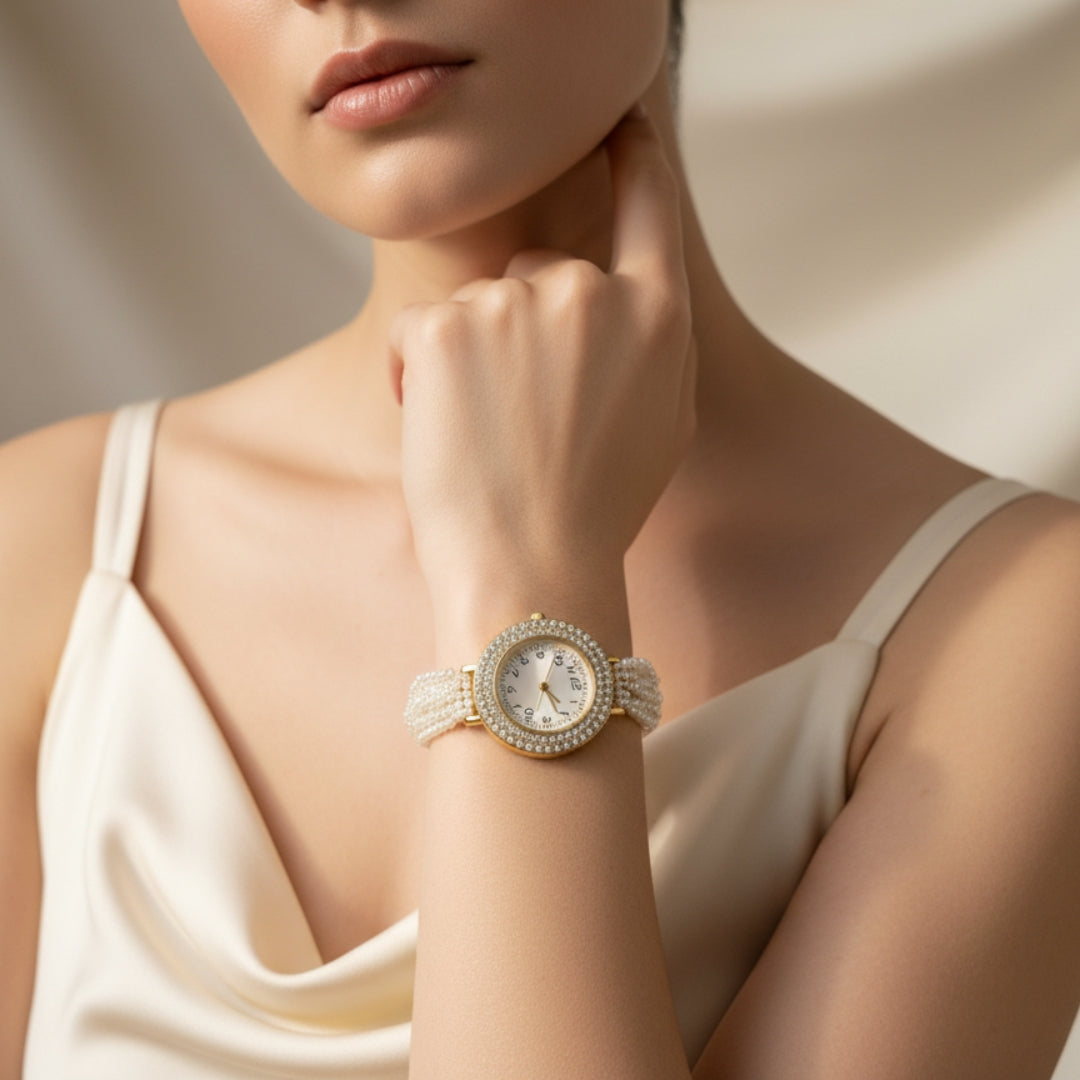 Gold Pearl Strand Watch – Elegant Multi-Layer Bridal Bracelet