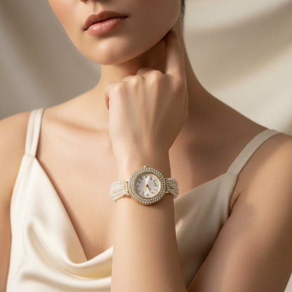 Gold Pearl Strand Watch – Elegant Multi-Layer Bridal Bracelet