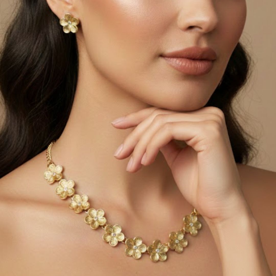 Gold Plated Floral Necklace Set with Earrings