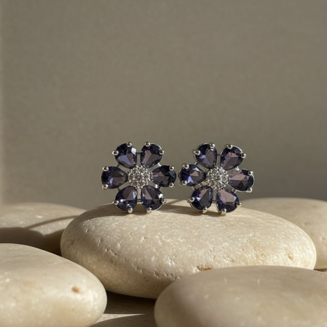 American Diamond Purple Petal Flower Stud Earrings