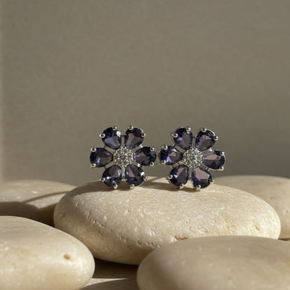 American Diamond Purple Petal Flower Stud Earrings