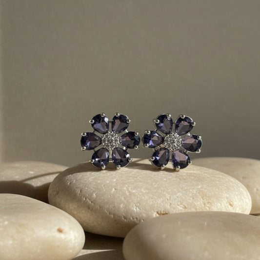 American Diamond Purple Petal Flower Stud Earrings