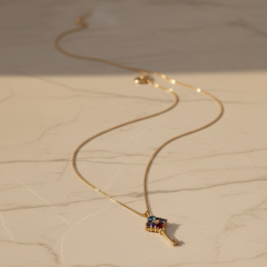 Gold Key Pendant Necklace with Colorful Stones