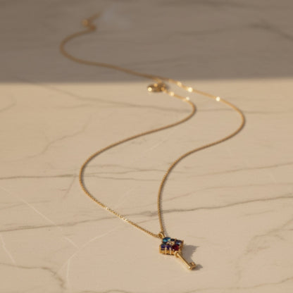 Gold Key Pendant Necklace with Colorful Stones