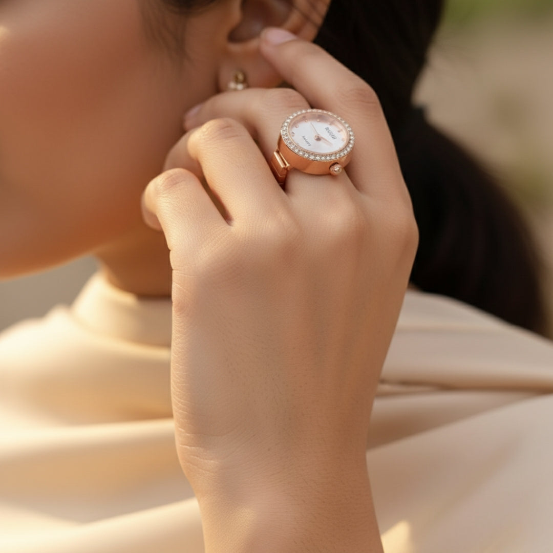 Rose Gold Crystal Finger Watch | Elegant Adjustable Ring Timepiece