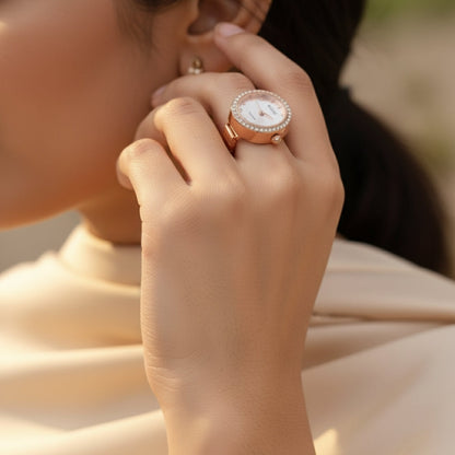 Rose Gold Crystal Finger Watch | Elegant Adjustable Ring Timepiece