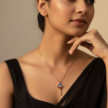 Gold Key Pendant Necklace with Colorful Stones