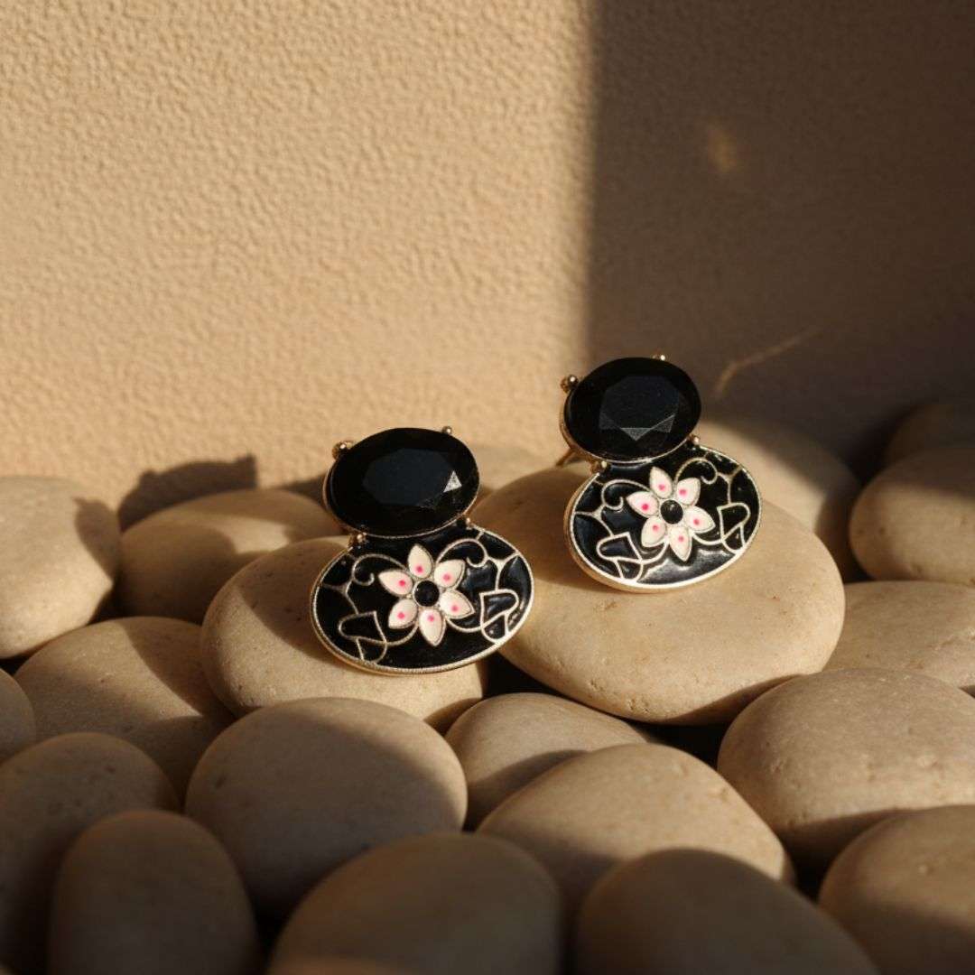 Oxidized Black Enamel Floral Stud Earrings