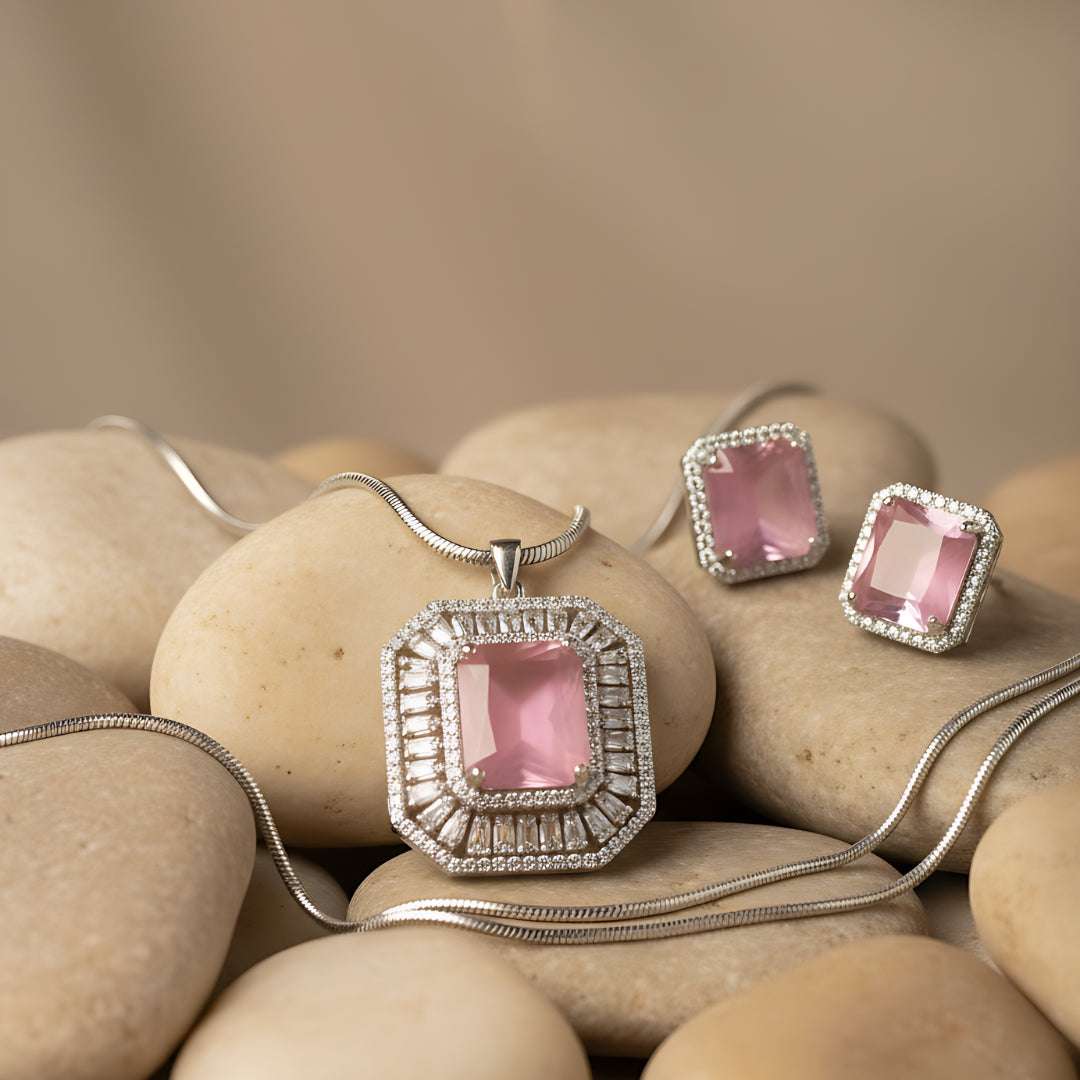 Pink Square American Diamond Necklace Set