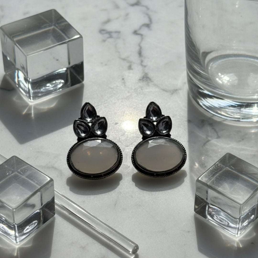 Oxidized White Stone Oval Stud Earrings