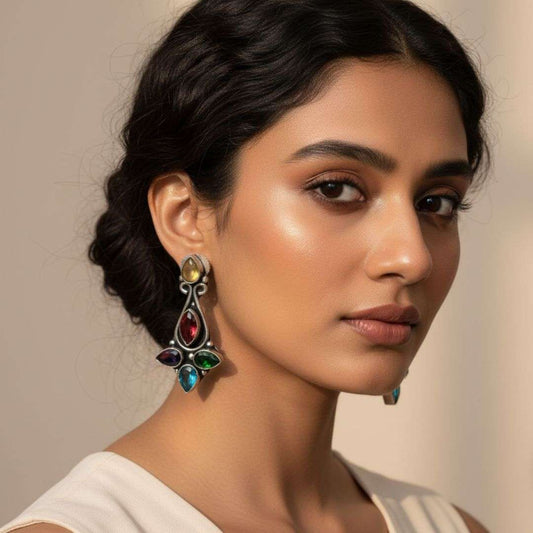 Oxidized Multicolor Navratna Stud Earrings