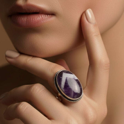 Oxidized Silver Chevron Amethyst Oval Ring