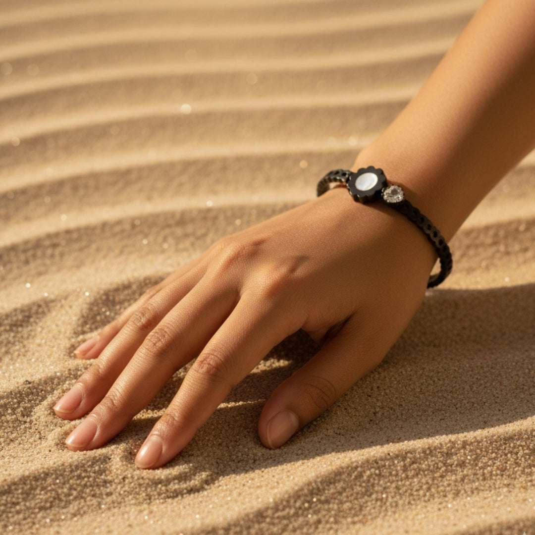 Black Plated Floral Bracelet | Pearl & Crystal Accent Bangle
