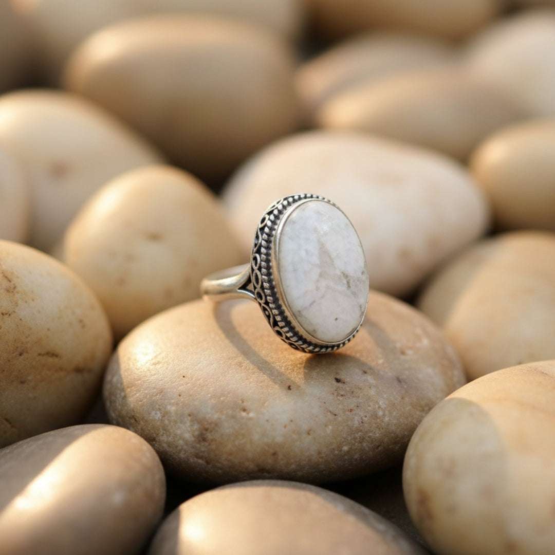 Oxidized Silver White Marble Oval Ring