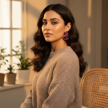Oxidized Ruby Red Stone Dangling Earrings