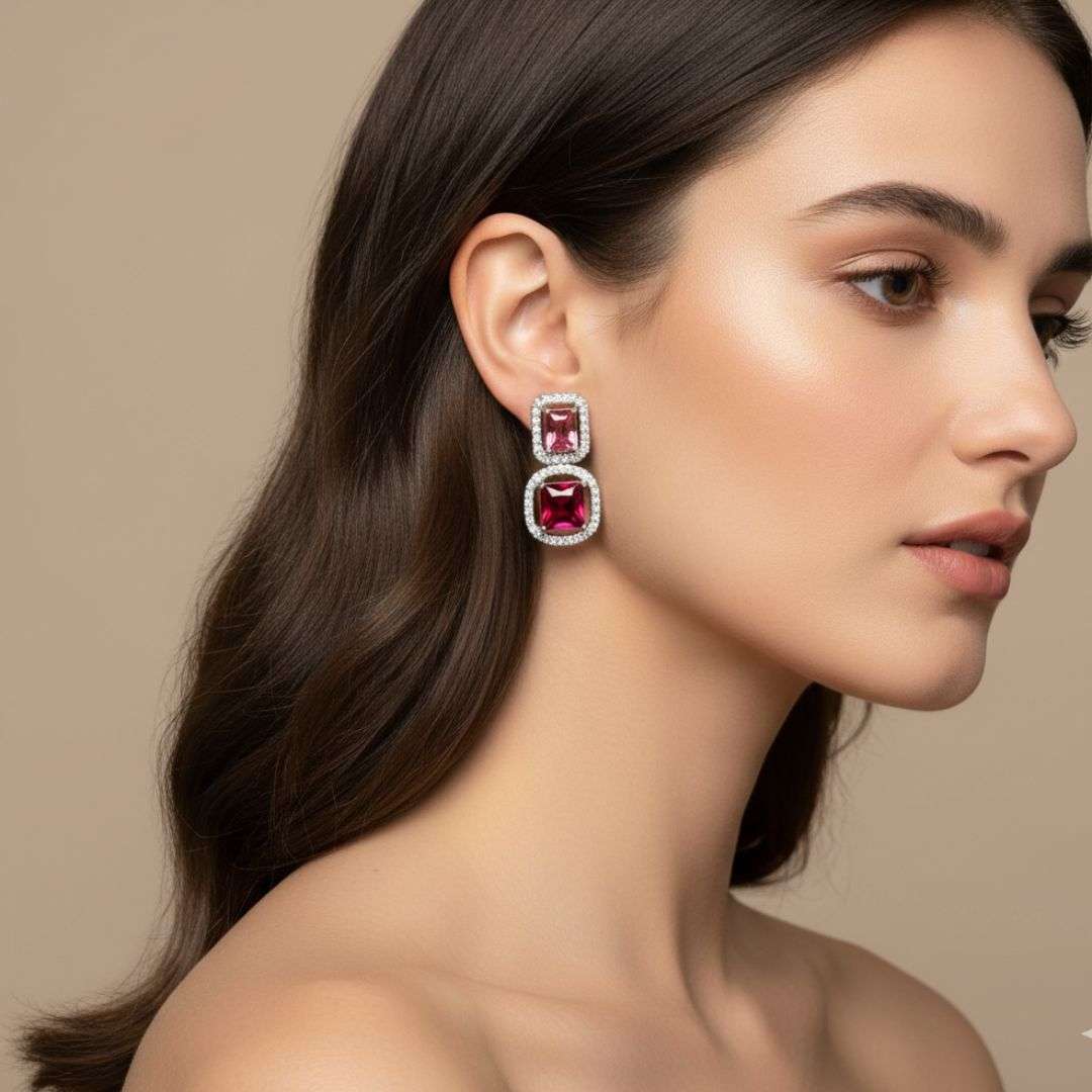 American Diamond Red and Pink Stud Earrings