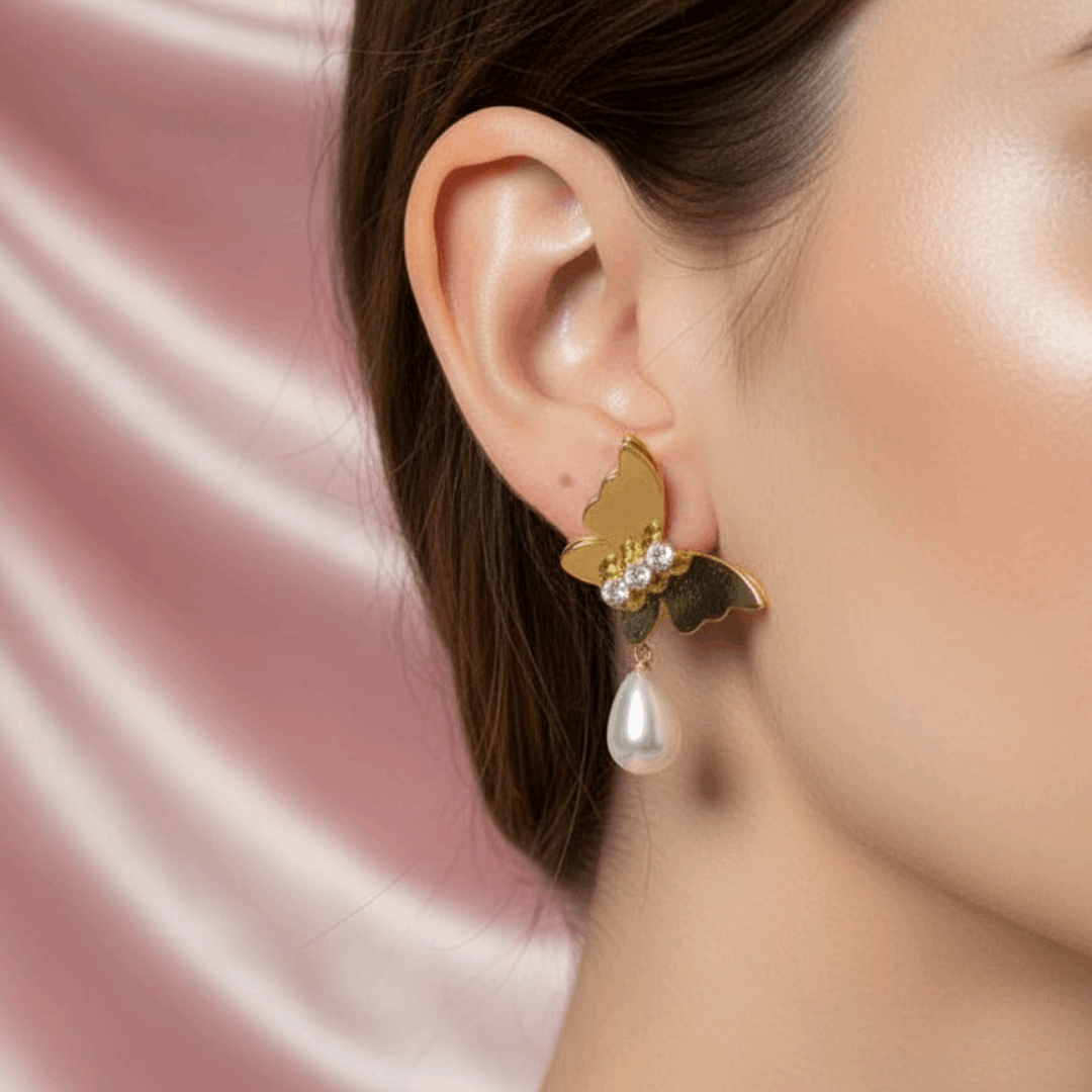 Gold Butterfly Pearl Drop Earrings