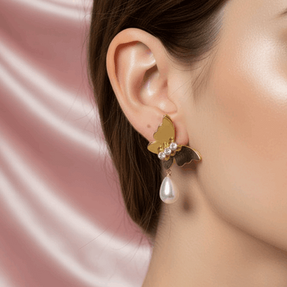 Gold Butterfly Pearl Drop Earrings