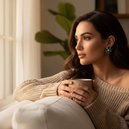 American Diamond Emerald Floral Stud Earrings