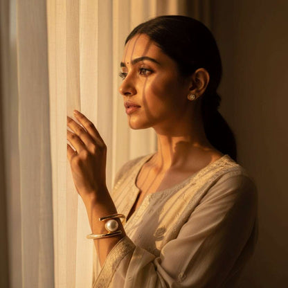 Minimalist Gold Pearl Open Bracelet | Modern Chic Bangle