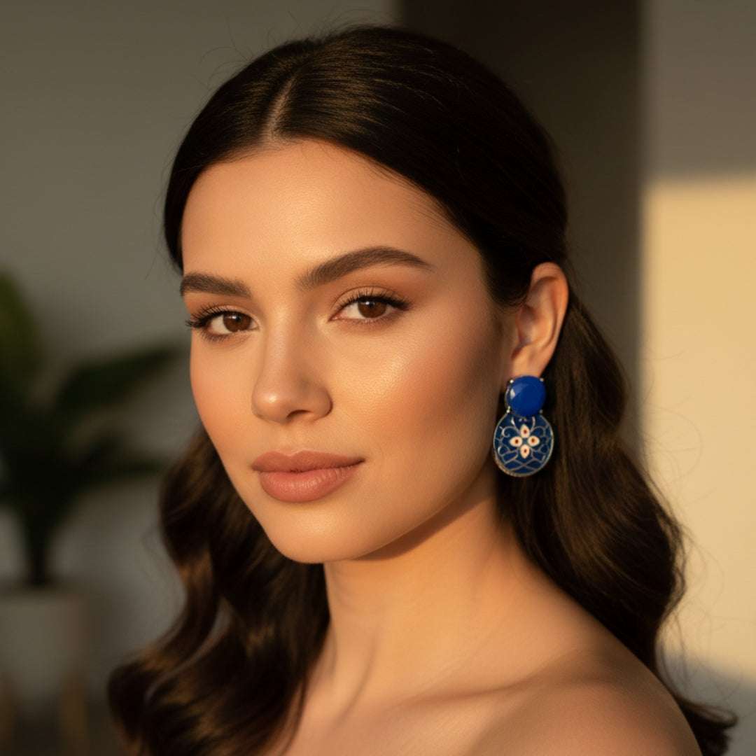 Oxidised Blue Enamel Floral Stud Earrings