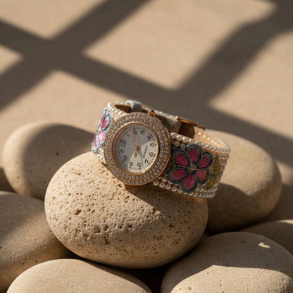 Embroidered Floral Bangle Watch – Pearl & Crystal Accents