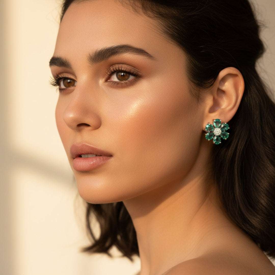 American Diamond Green Enamel Floral Earrings