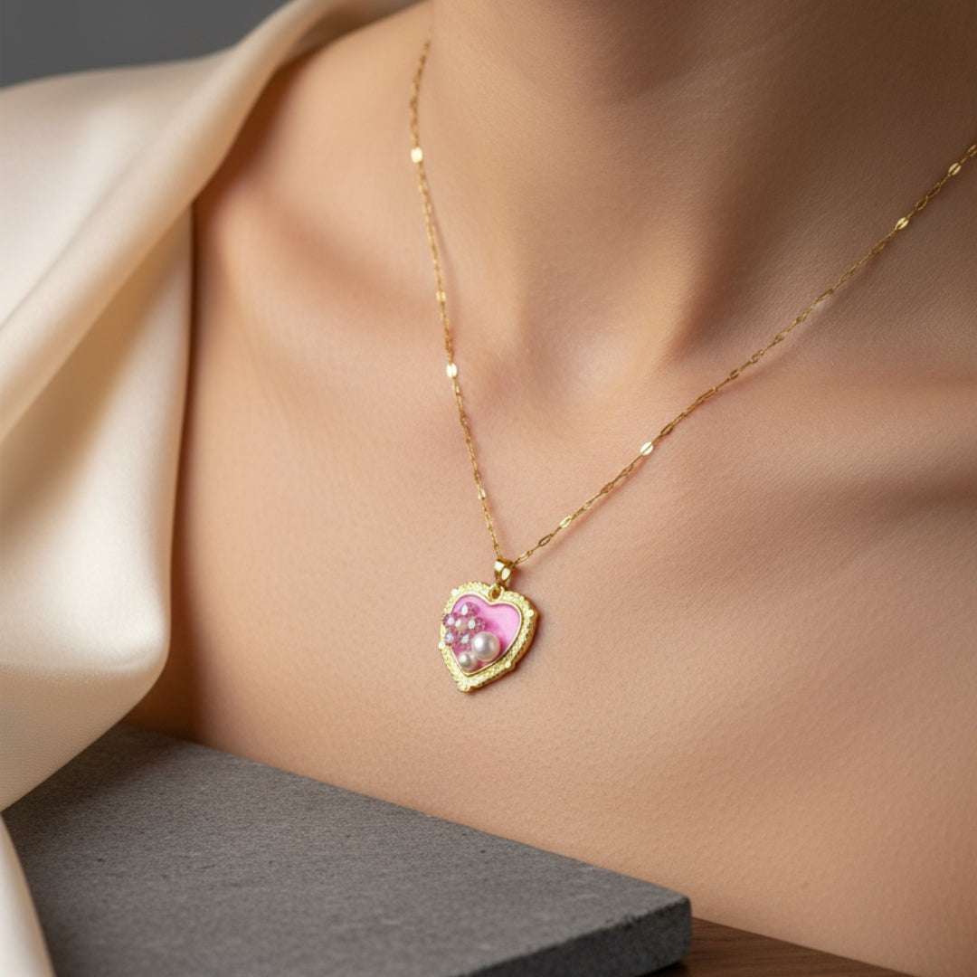 Gold Heart Pendant Necklace with Pearls