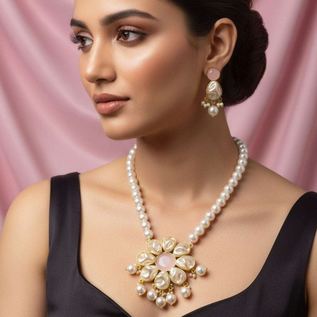 Natural Stone & Pearl Floral Necklace Set