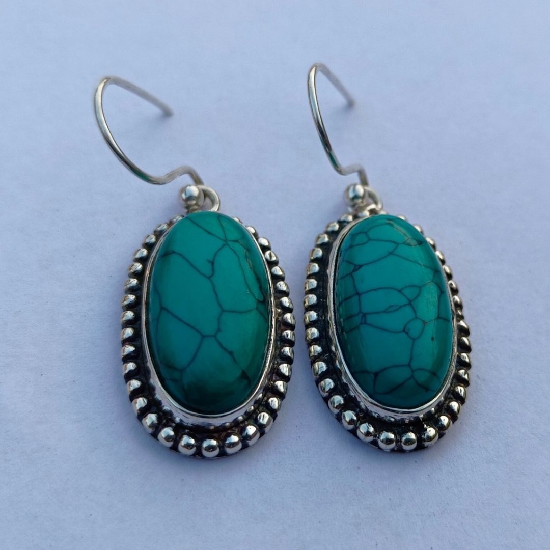 Turquoise Stone Drop Earrings for Women | Oxidized German Silver Oval Dangle Earrings