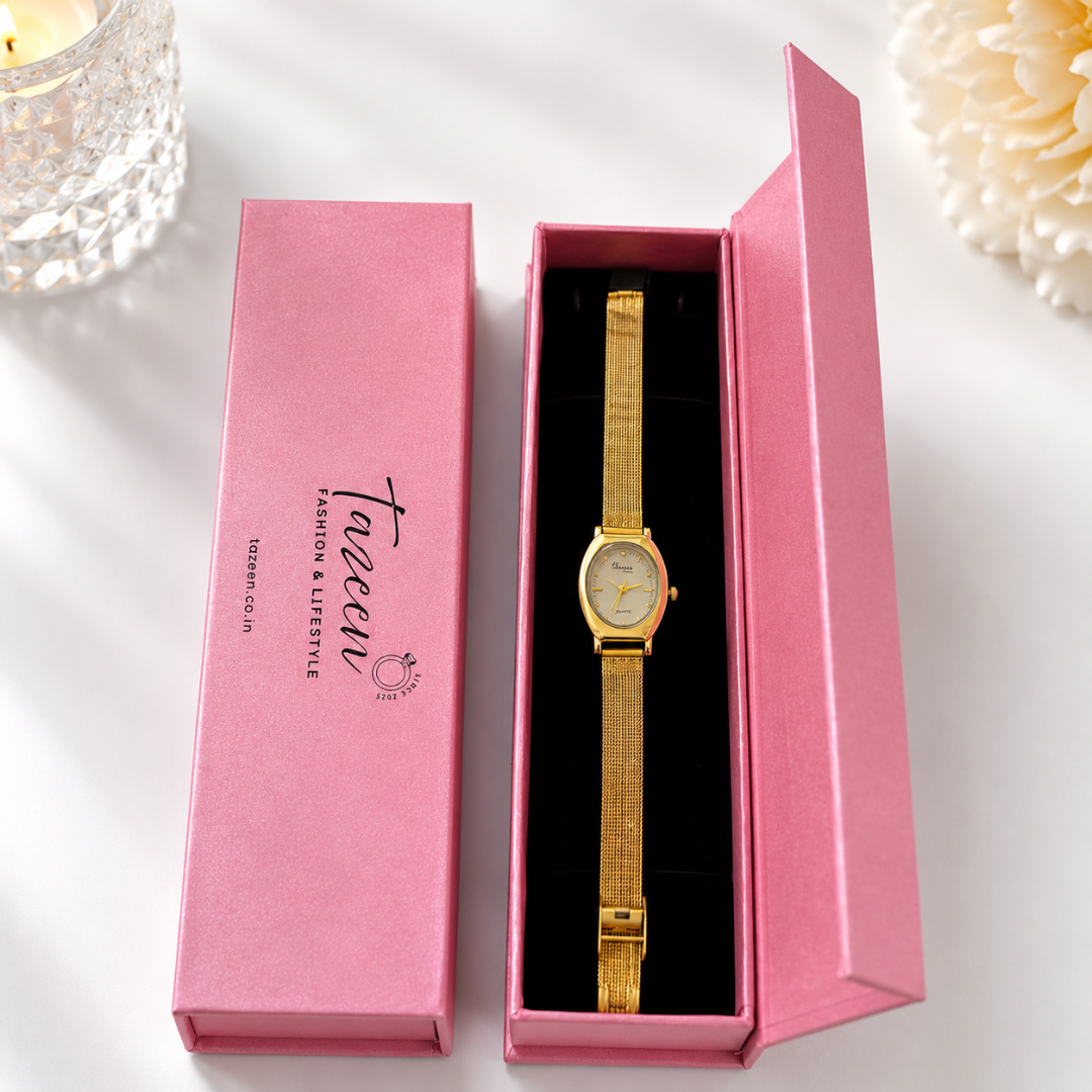 Annie Aura Oval Gold Mesh Watch – Elegant 18KT Gold-Tone Stainless Steel Watch for Women