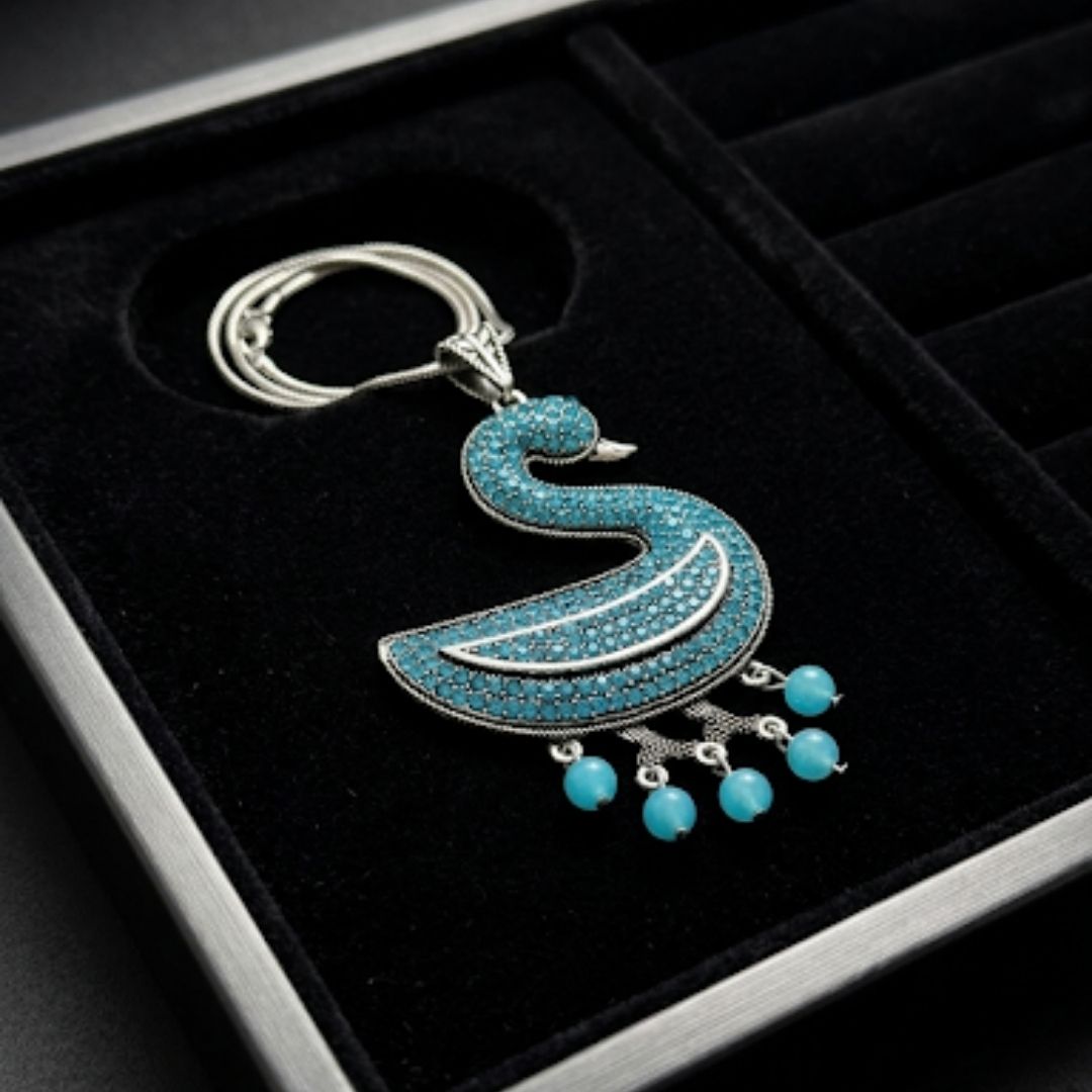 Oxidized Swan Pendant Necklace with Turquoise Diamond-Look Stones & Hanging Pearl Drops