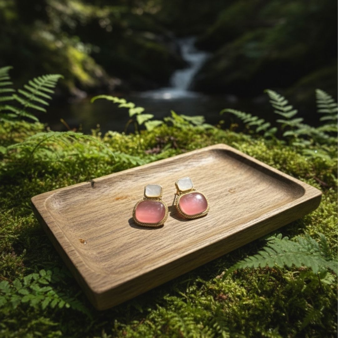 Oxidised Stone Stud Earrings – Soft Pink & Ivory