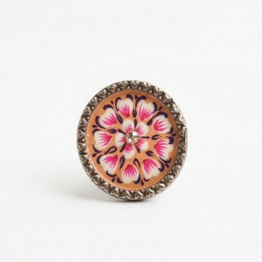 Elegant Meenakari Orange Floral Silver Adjustable Finger Ring