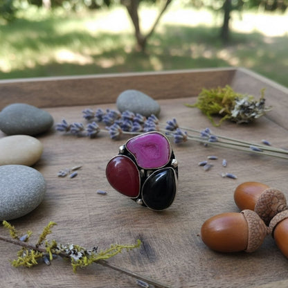 Midnight Bloom Multistone Oxidised Statement Ring