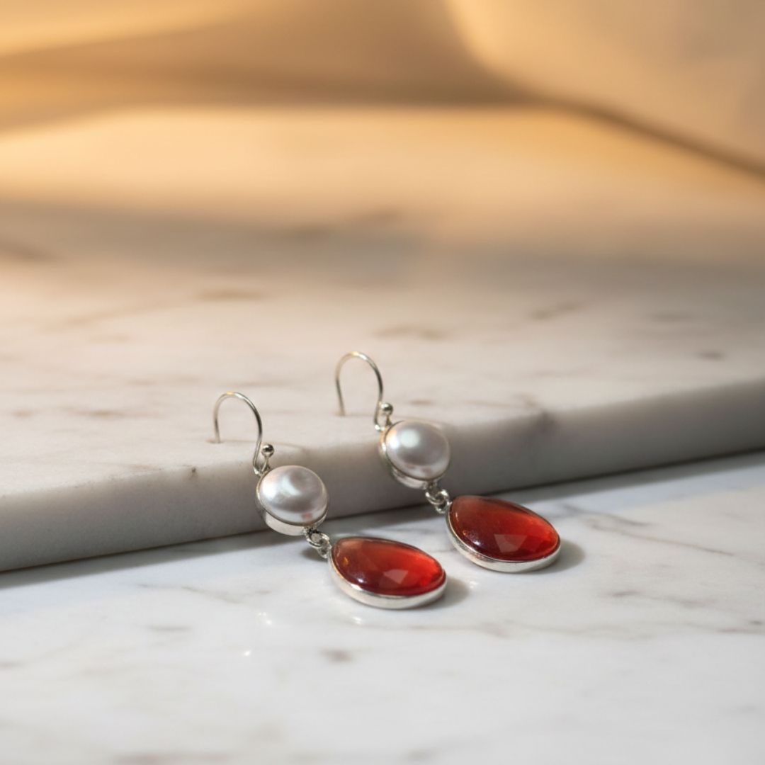 Silver Pearl & Red Onyx Teardrop Earrings