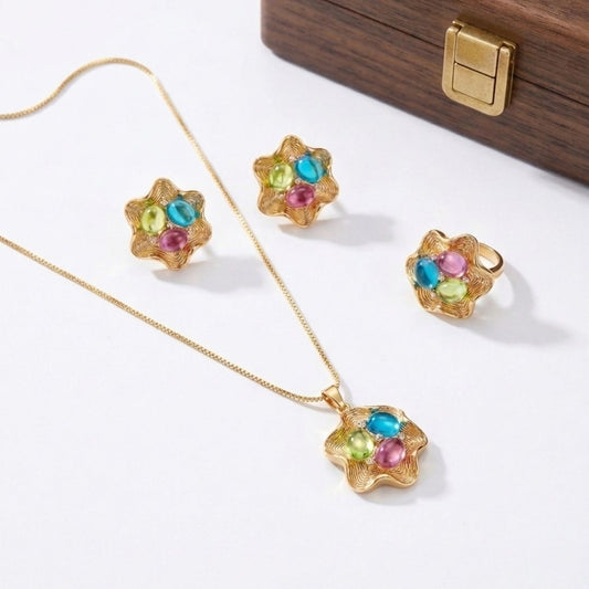 New style women's jewelry set with a unique petal design, earrings and long necklace