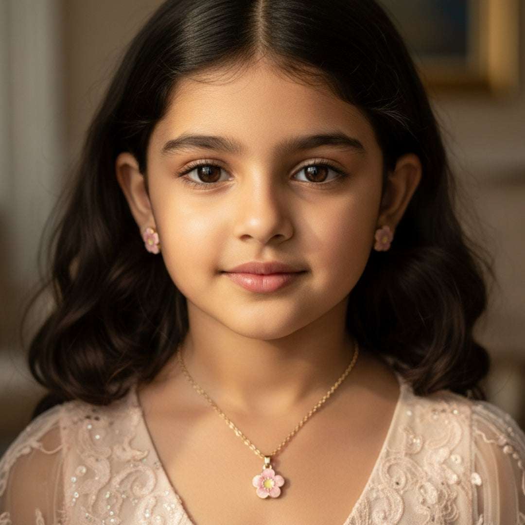 Pink Flower Charm Set – Kids Necklace & Earrings