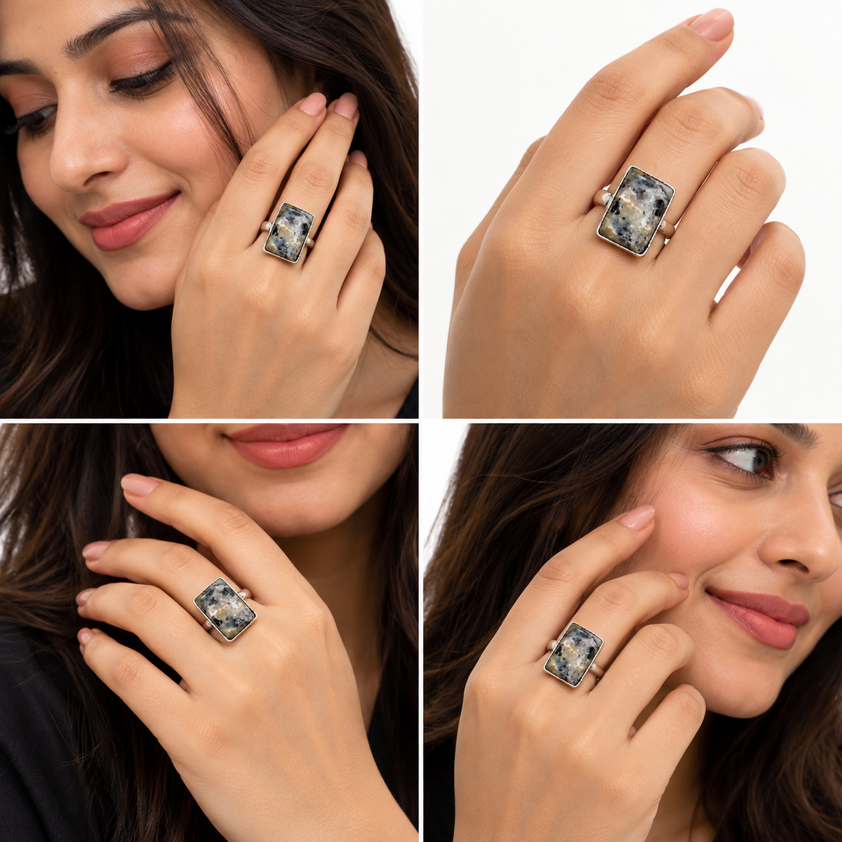 Oxidised Silver Rectangular Natural Stone Statement Ring for Women