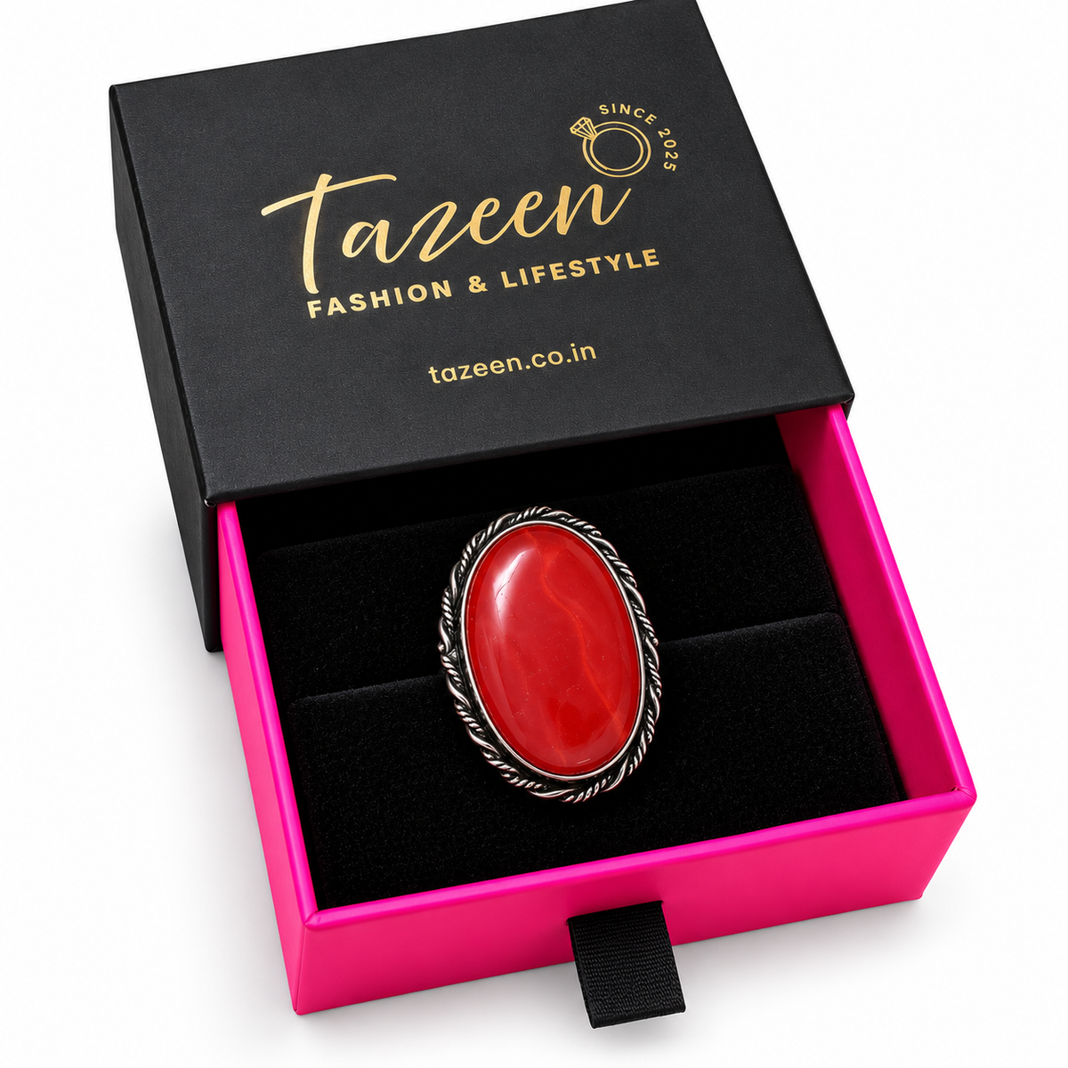 Oxidised Silver Red Stone Statement Ring for Women