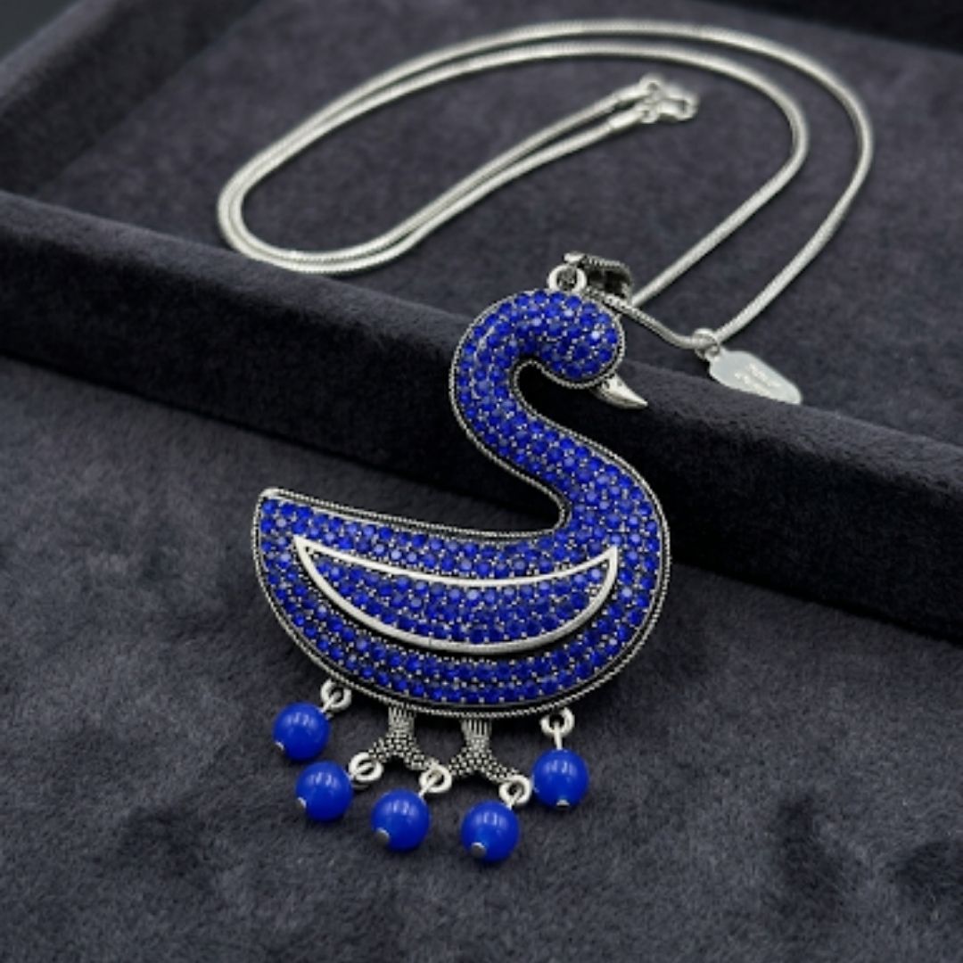 Oxidized Swan Pendant Necklace with Royal Blue Diamond-Look Stones & Hanging Pearl Drops