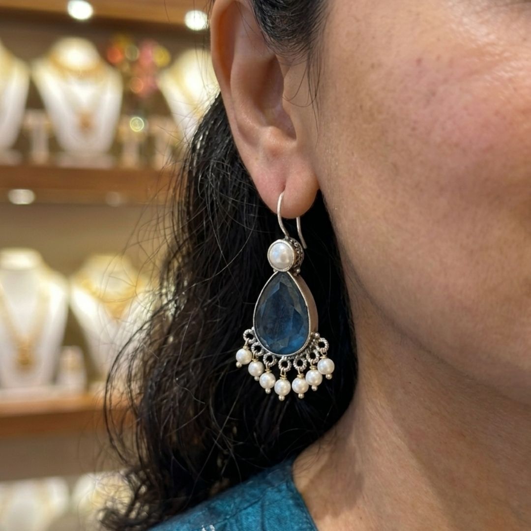 Royal Blue Stone & Pearl Drop Earrings in Sterling Silver