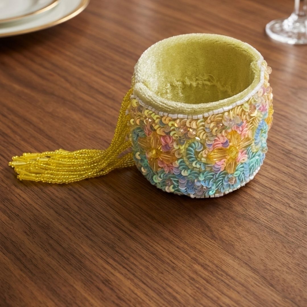Handmade Velvet Beaded Cuff Bracelet with Pastel Sequin Embroidery & Fringe