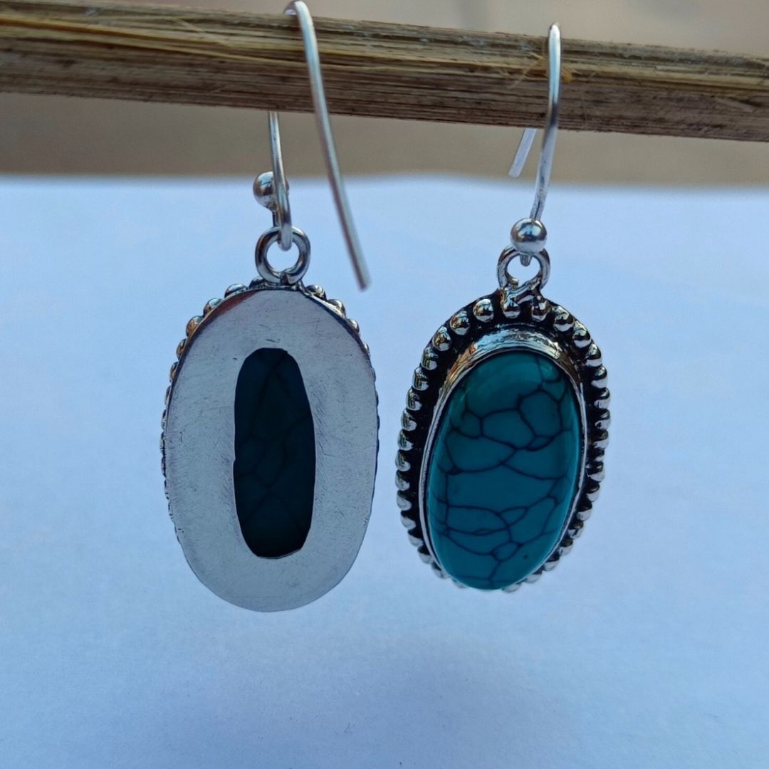 Turquoise Stone Drop Earrings for Women | Oxidized German Silver Oval Dangle Earrings