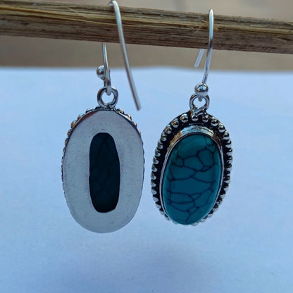 Turquoise Stone Drop Earrings for Women | Oxidized German Silver Oval Dangle Earrings
