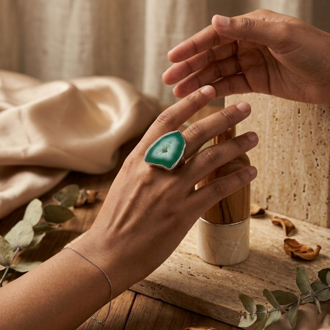 Green Druzy Agate Slice Ring in Sterling Silver