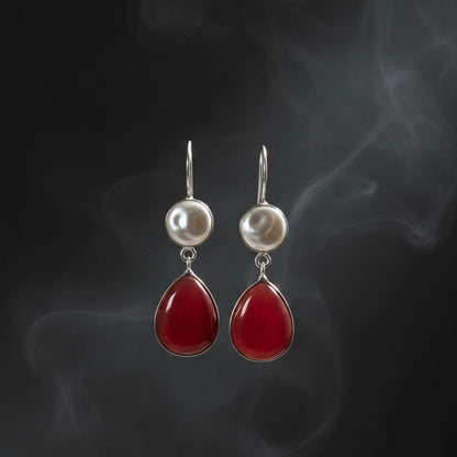 Silver Pearl & Red Onyx Teardrop Earrings