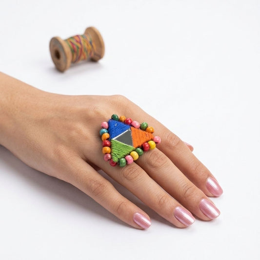Handmade Multicolor Thread & Mirror Work Statement Ring