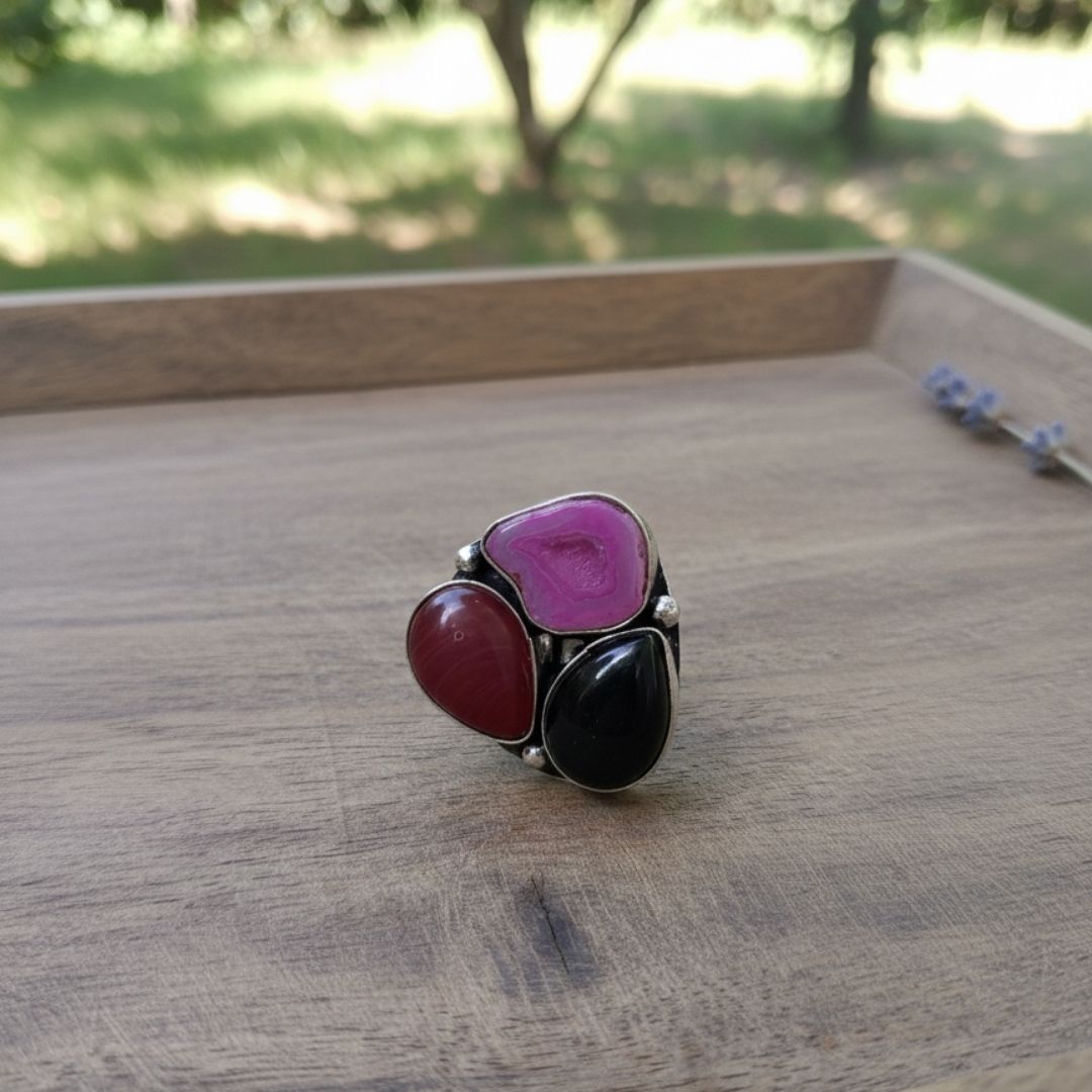 Midnight Bloom Multistone Oxidised Statement Ring