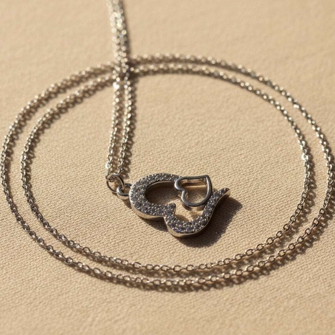 Double Heart Crystal Pendant Necklace – Silver Chain